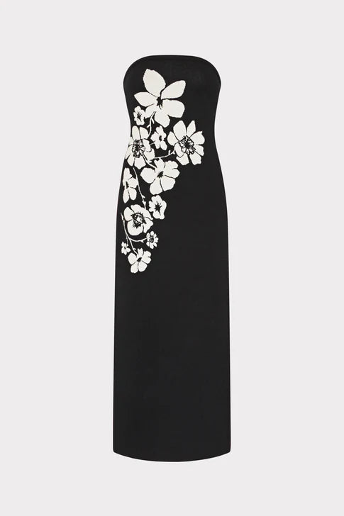 Placed Floral Strapless Knit Midi Dress - Black Ecru by Milly — view 4