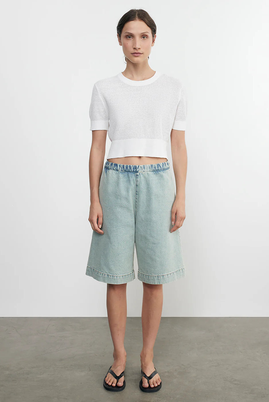Linen Open Knit Cropped Short Sleeve - White by Enza Costa — alternate view