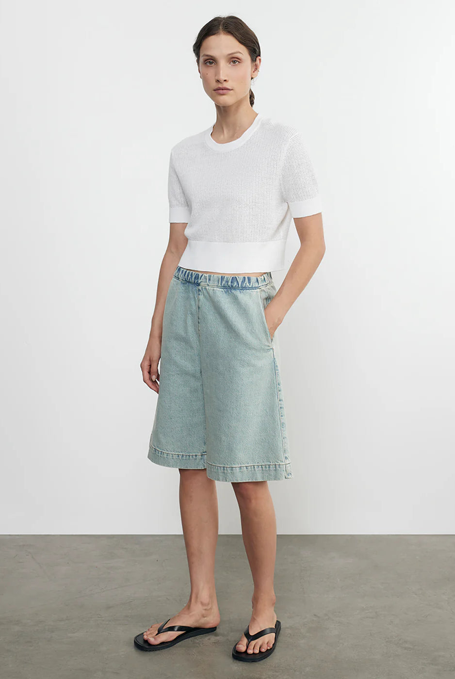 Linen Open Knit Cropped Short Sleeve - White by Enza Costa — view 3