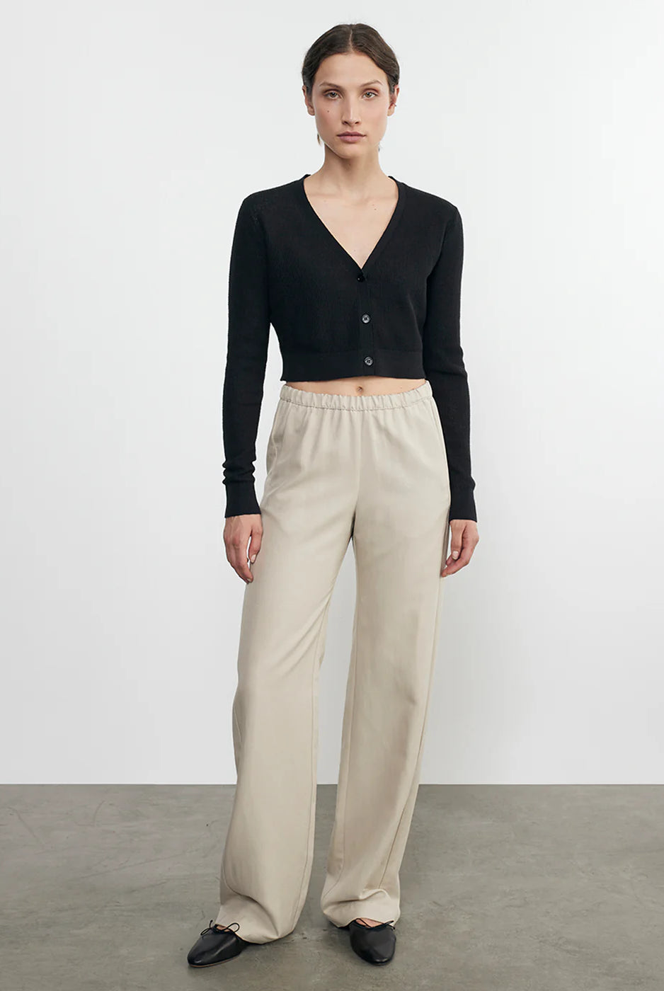 Linen Open Knit Cropped V Neck Cardigan - Black by Enza Costa — alternate view