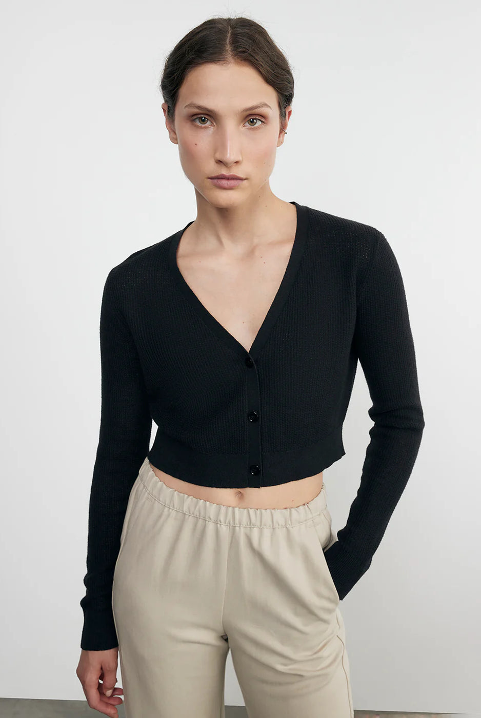Linen Open Knit Cropped V Neck Cardigan - Black by Enza Costa — view 3