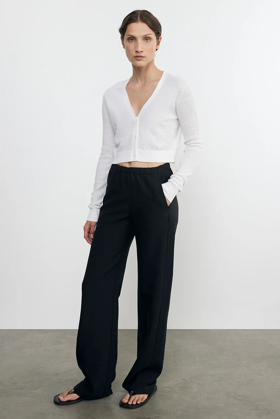 Linen Open Knit Cropped V Neck Cardigan - White by Enza Costa — alternate view