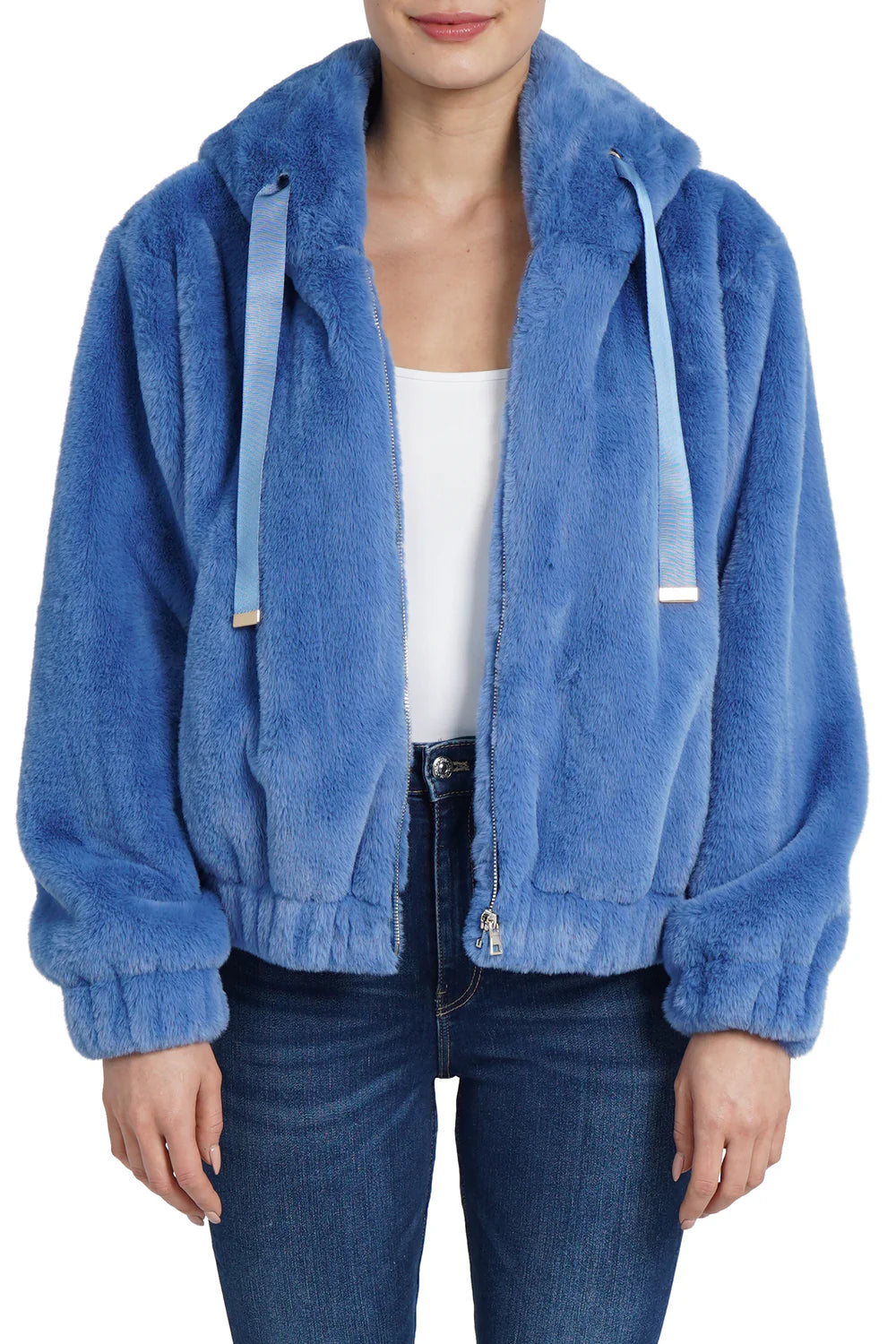 Sean Faux Fur Hooded Jacket - Blue by Love Token — view 5