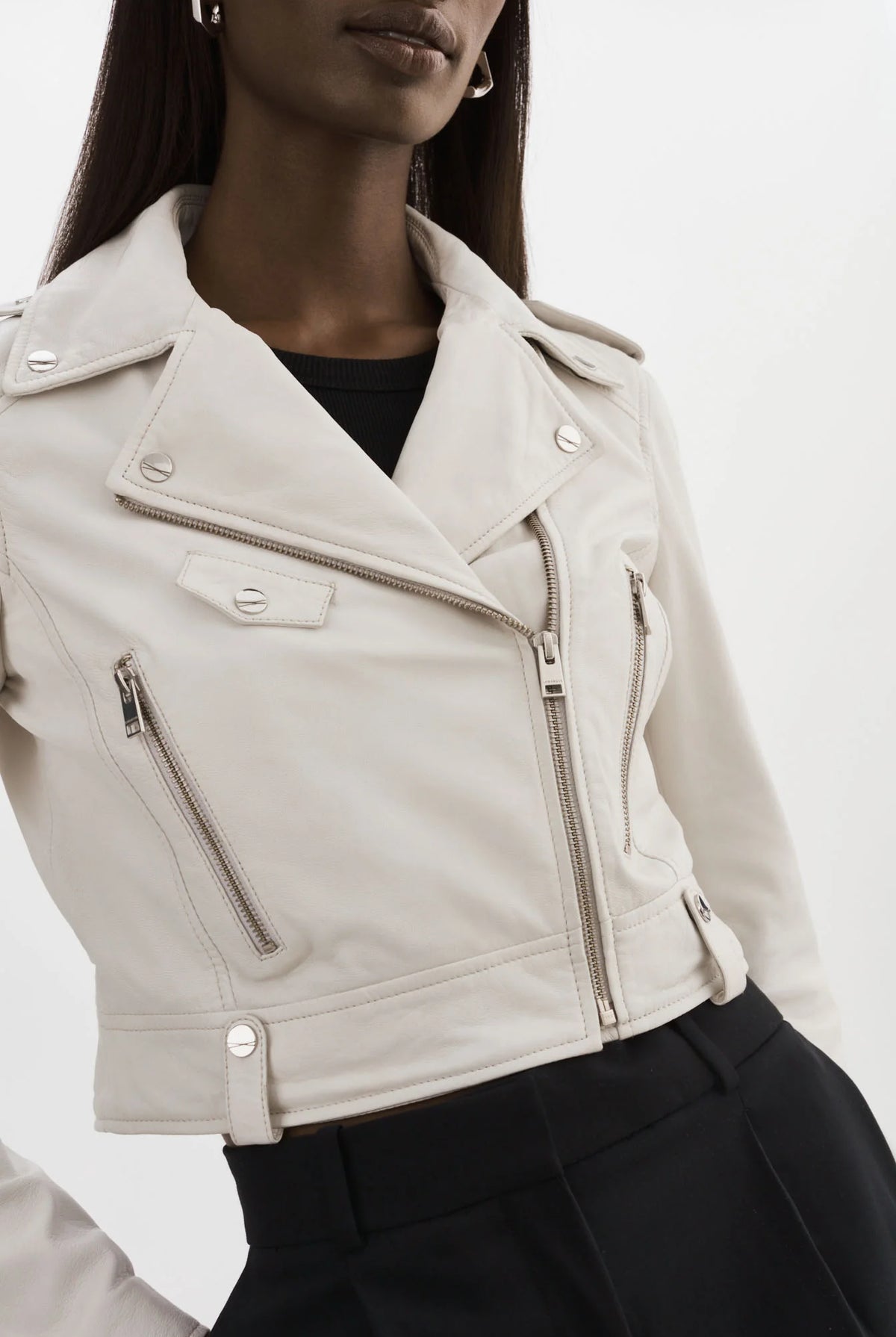Ciara Leather Crop Moto Jacket - White by LAMARQUE — alternate view