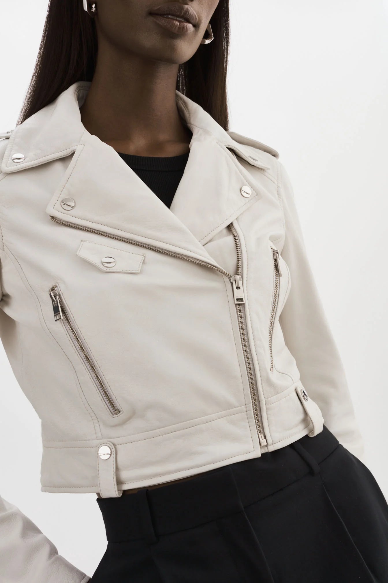 Ciara Leather Crop Moto Jacket - White by LAMARQUE — alternate view