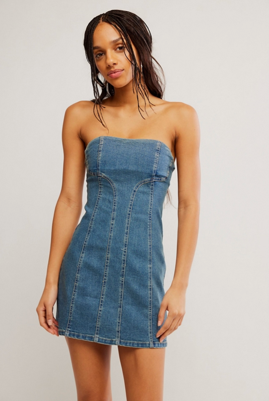 Alexa Denim Mini Dress - Stone Wash Blue by Free People — alternate view