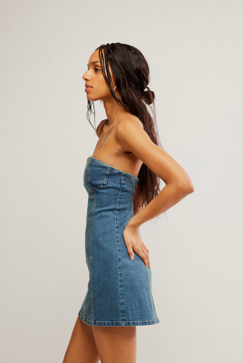 Alexa Denim Mini Dress - Stone Wash Blue by Free People — view 3