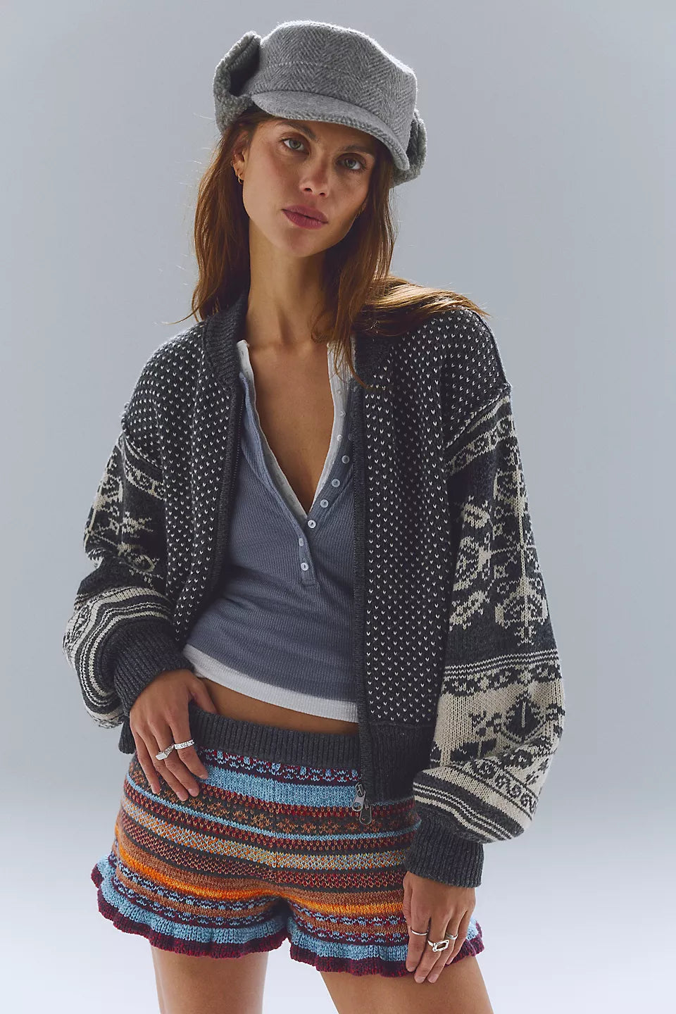 Isle Tide Knit Zip-Up - Charcoal Combo by Free People — view 4