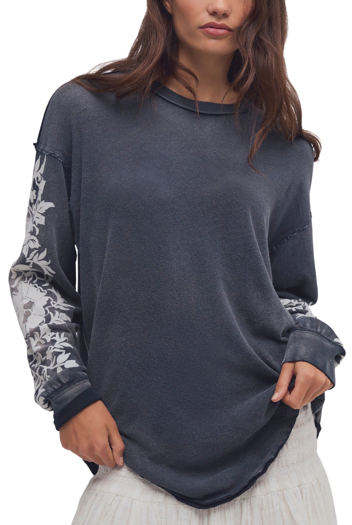 Free People Flora Graphic Long Sleeve Tee Shirt - Black Combo