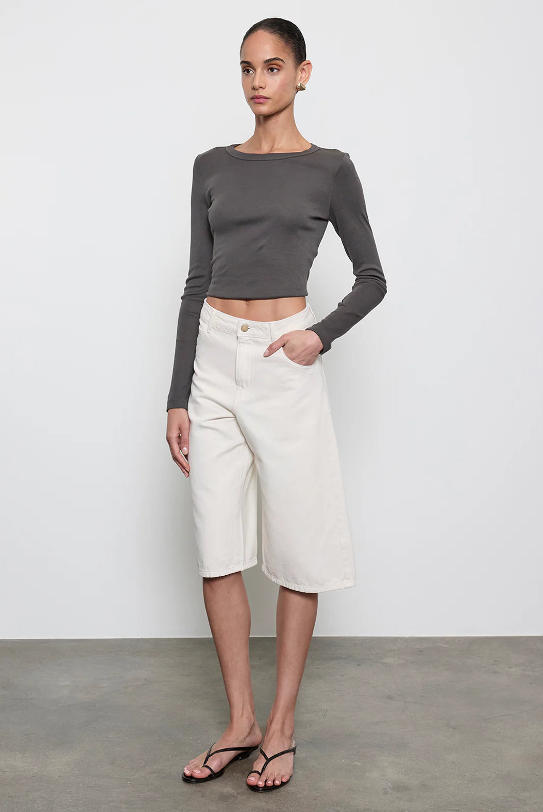 Supima Baby Rib L/S Cropped Top - Slate by Enza Costa — view 3