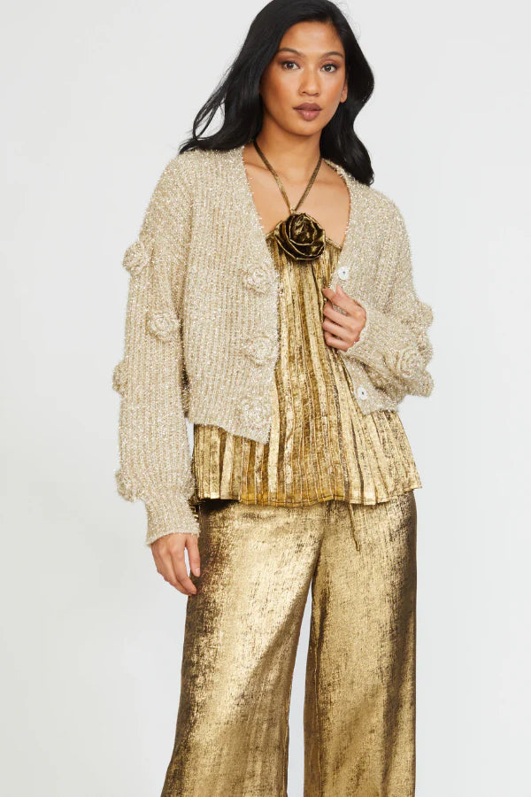 Flower Applique Lurex Cardigan - Gold by Stellah — view 3