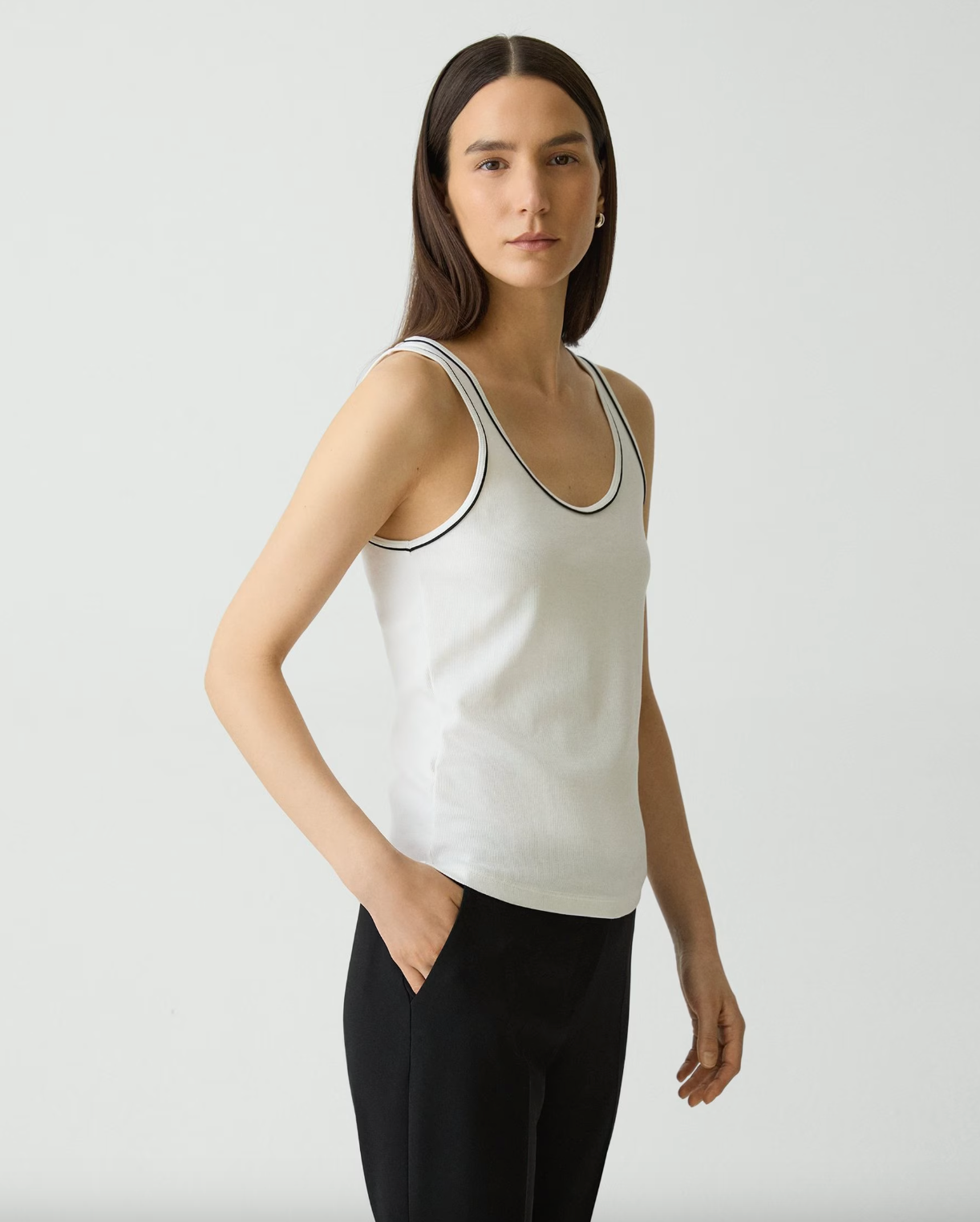 Scoop Neck Stretch Knit Tank Top - Ivory by Theory — alternate view