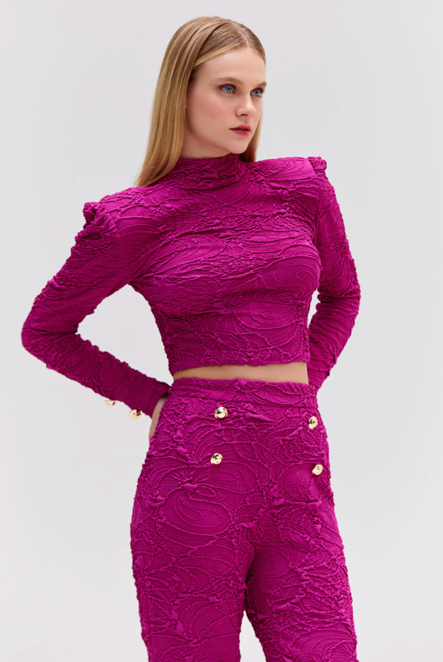 Jacquard Mock Neck Cropped Top - Raspberry by PatBo | 25 South Boutiques