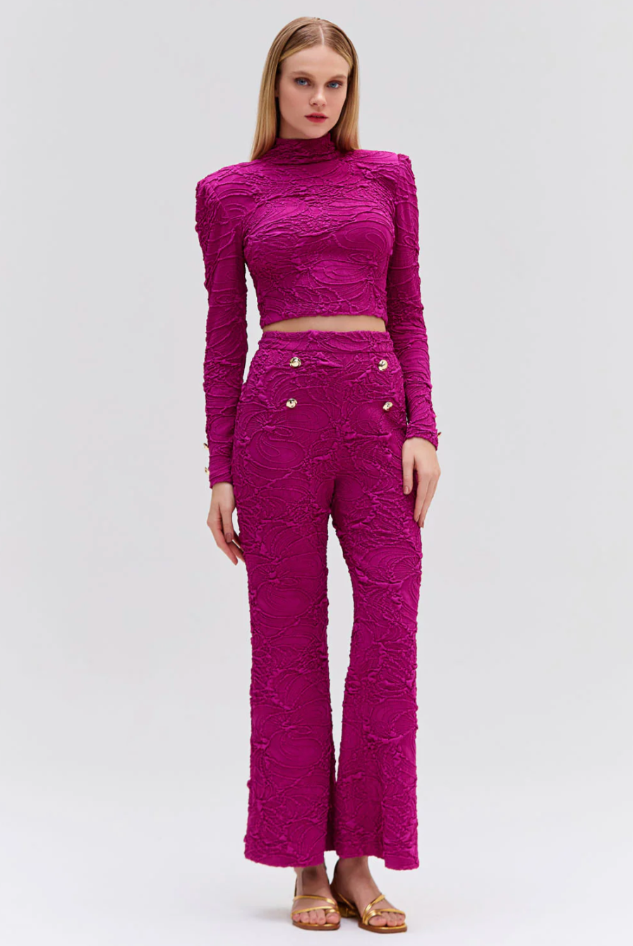 Jacquard Mock Neck Cropped Top - Raspberry by PatBo — alternate view