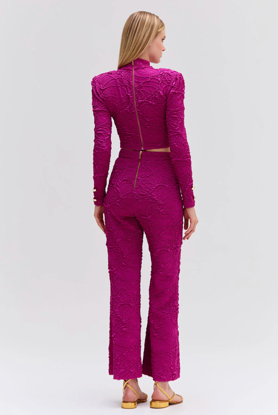 Jacquard Mock Neck Cropped Top - Raspberry by PatBo — view 3