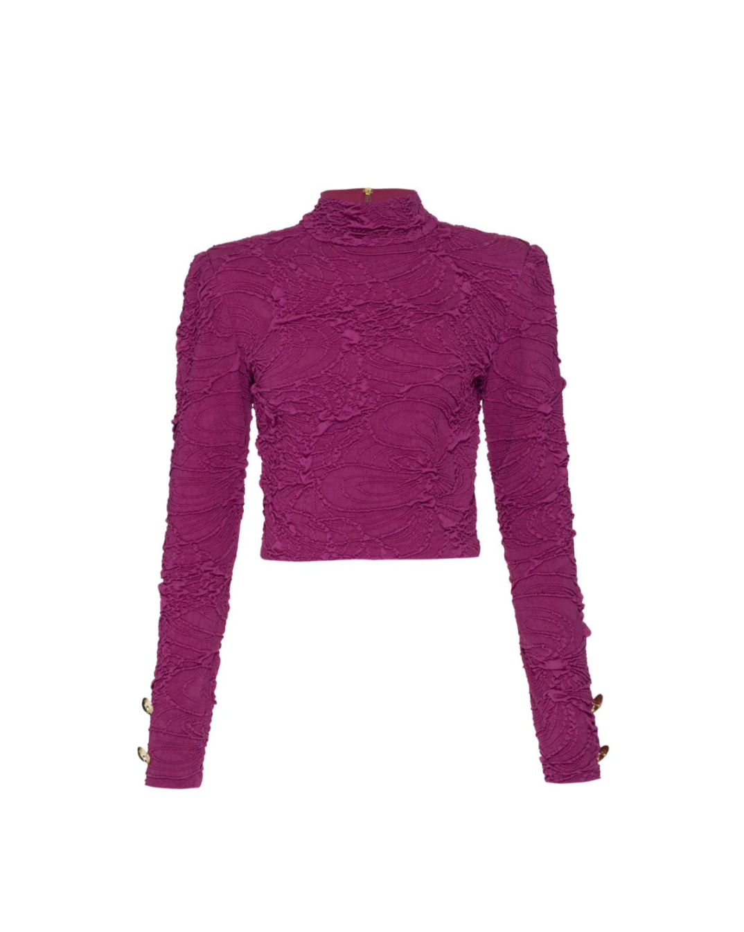 Jacquard Mock Neck Cropped Top - Raspberry by PatBo — view 4