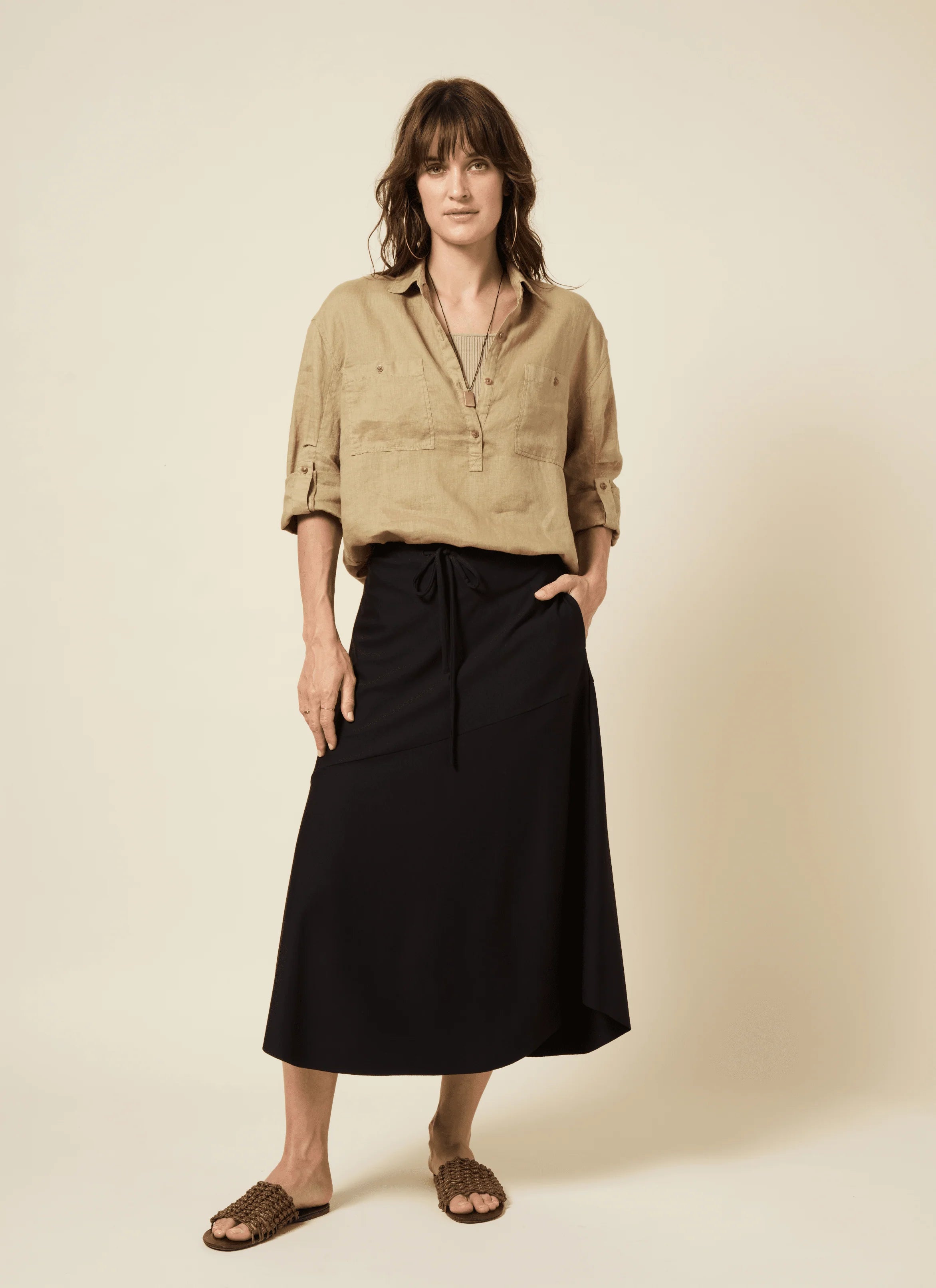 Nora Drawstring Midi Skirt - Black by Lysse — alternate view