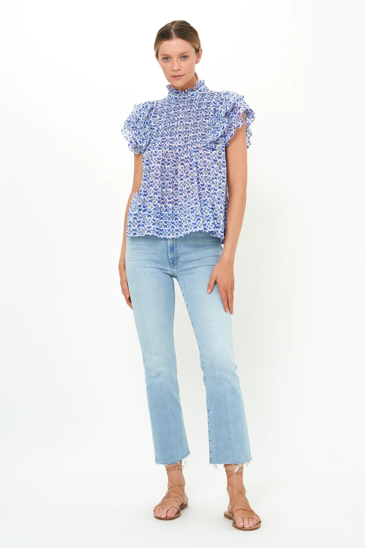 Pintuck Ruffle Top - Veranda Blue by Oliphant — view 3