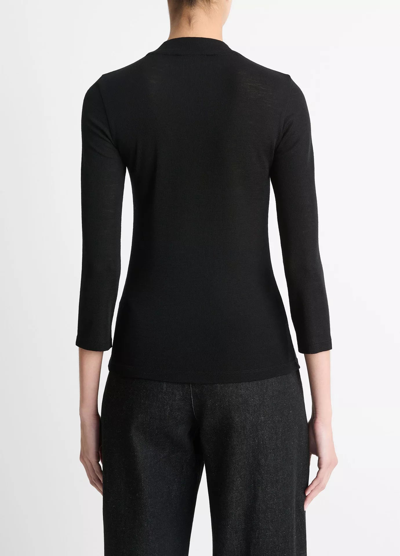 Wool Three-Quarter-Sleeve Mock-Neck Top - Black by Vince — view 3