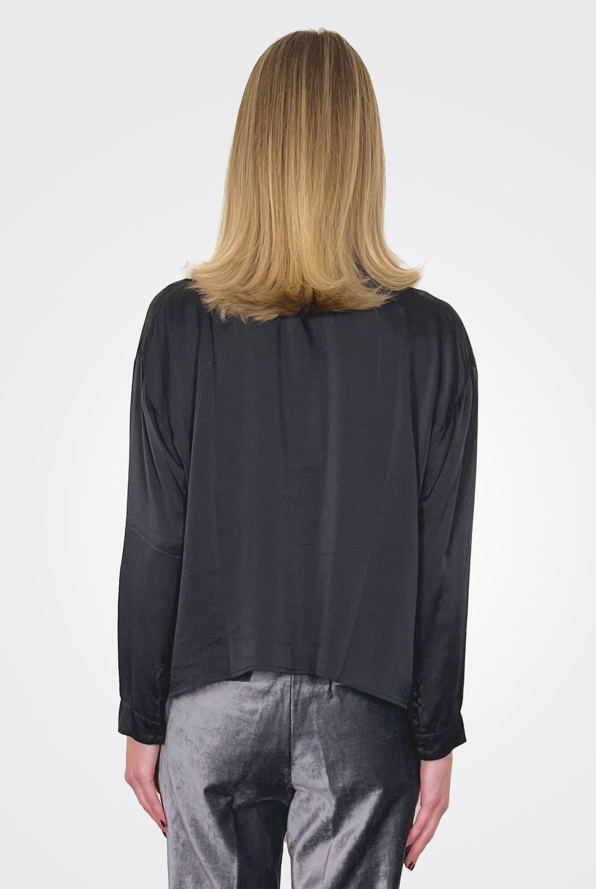 Cropped 3/4 Button Down Silk Blouse - Black by Private 0204 — alternate view