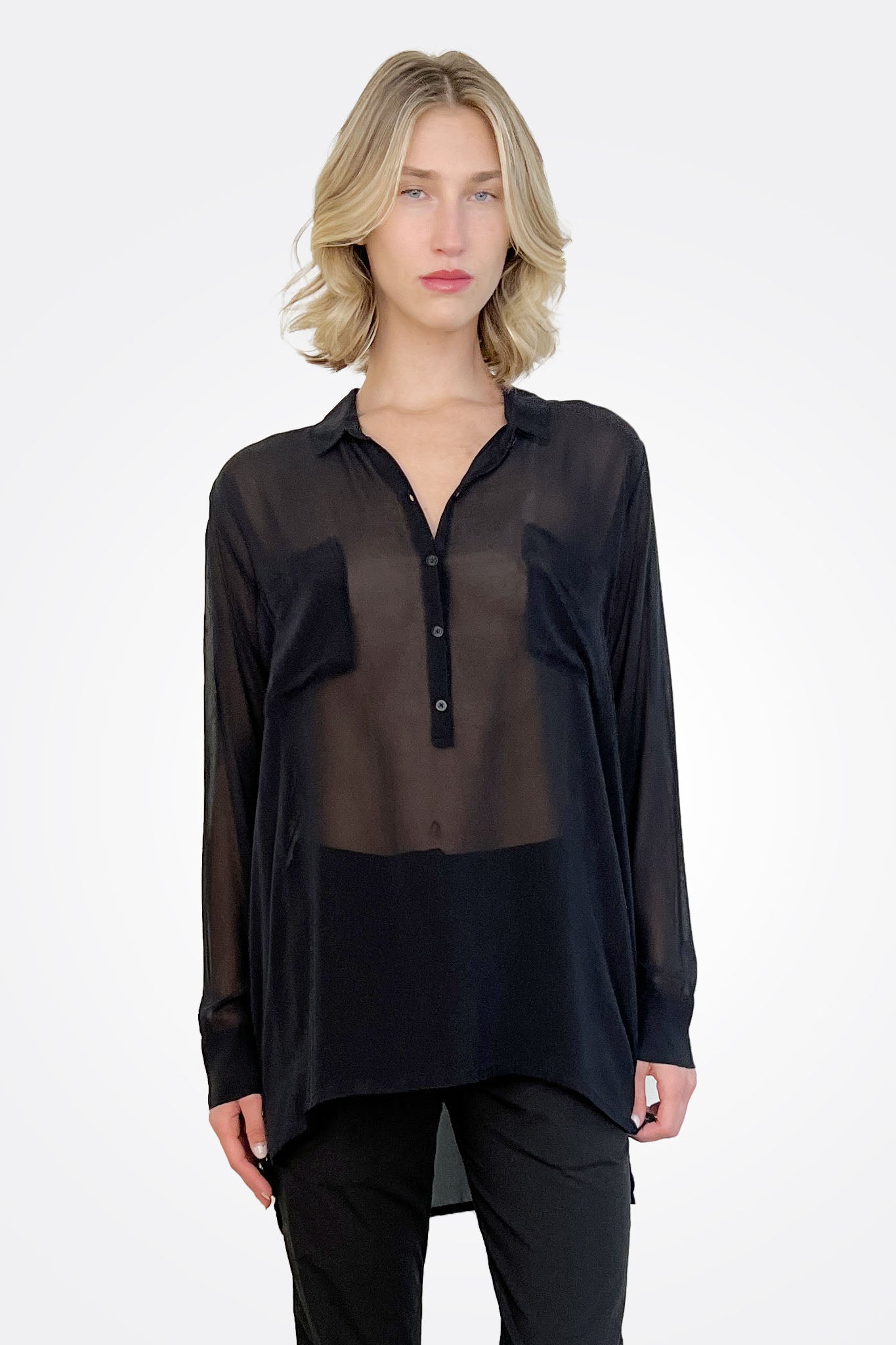 Pocket Oversized Silk Button Down - Black by Private 0204 | 25 South Boutiques