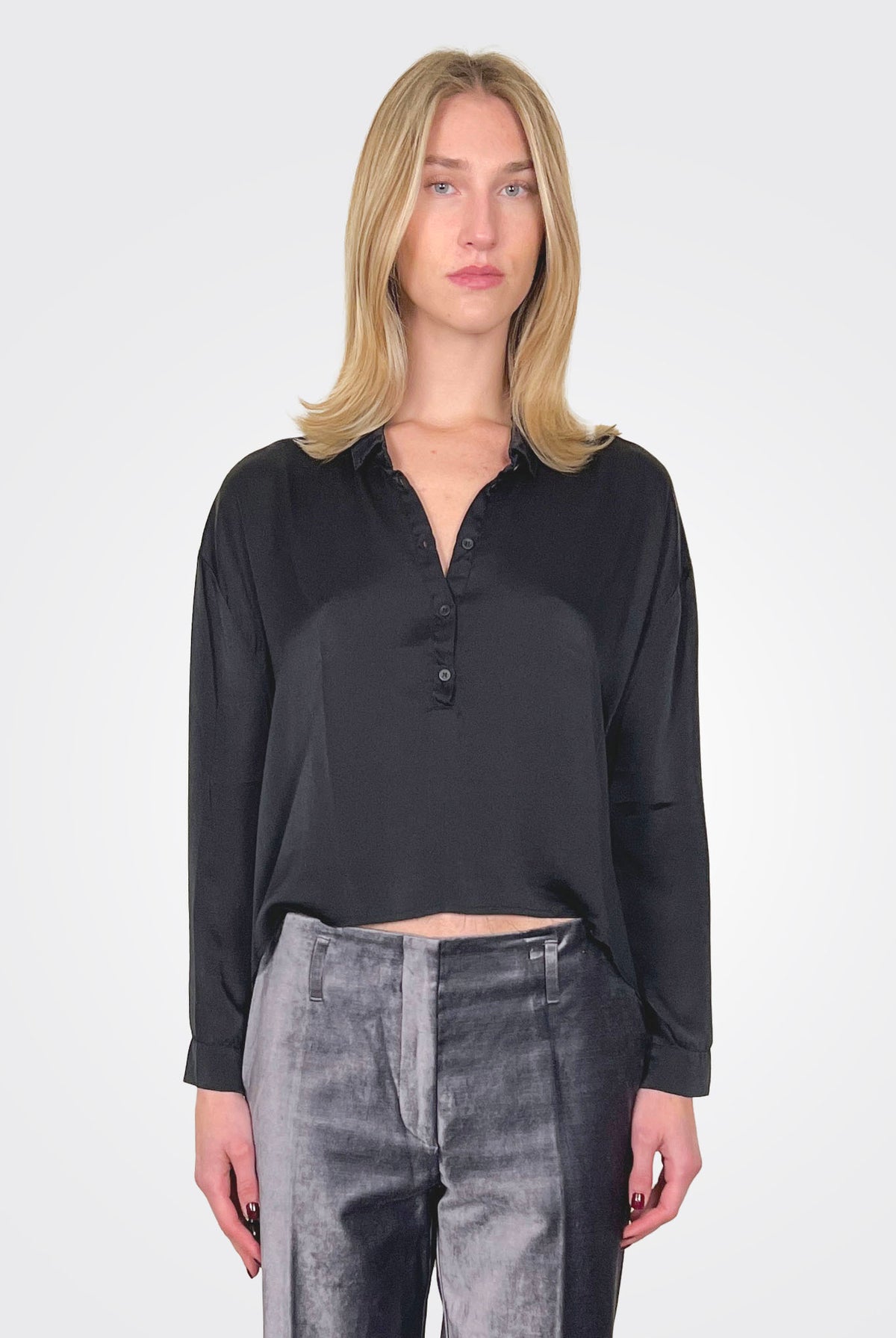 Cropped 3/4 Button Down Silk Blouse - Black by Private 0204 | 25 South Boutiques