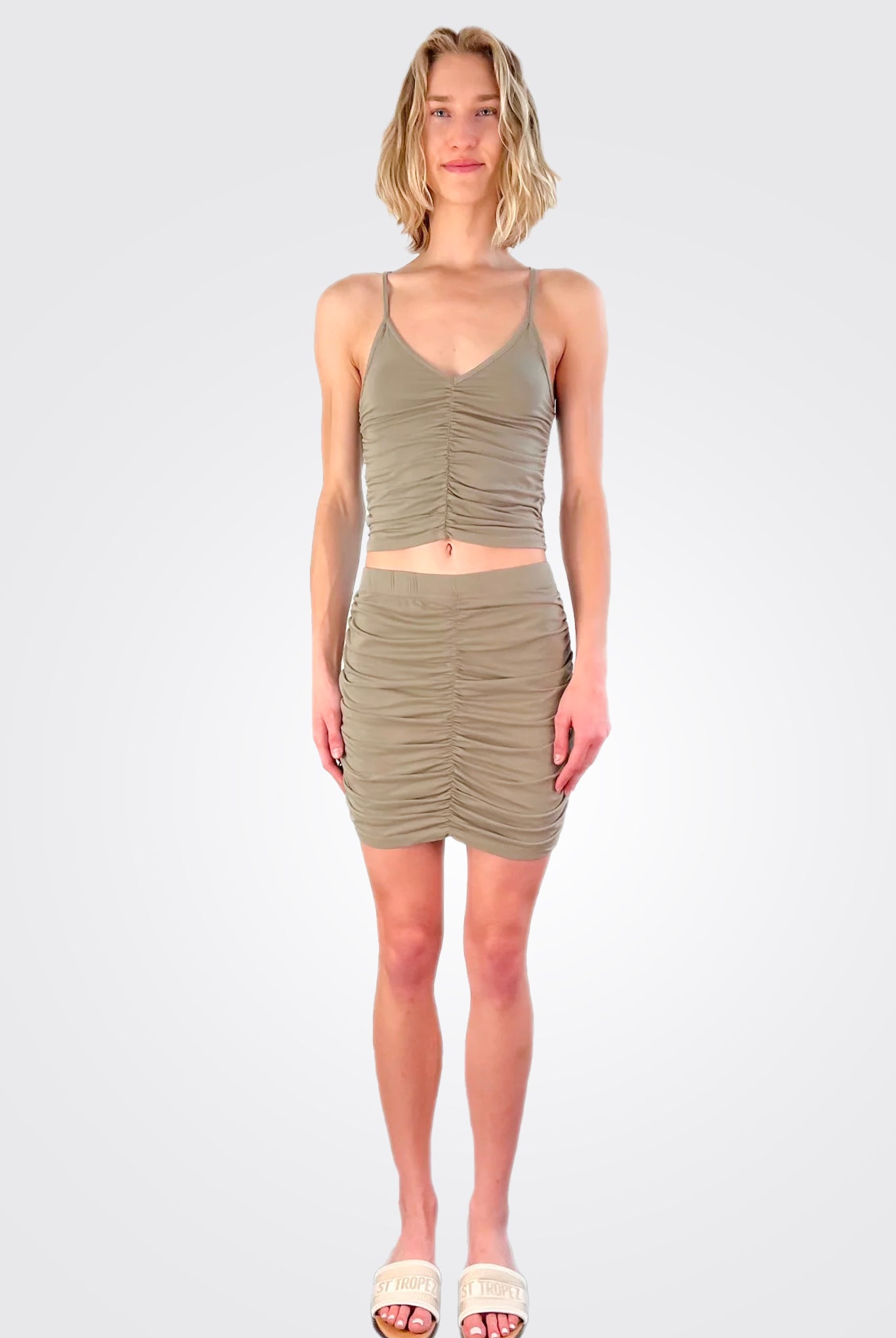 V Neck Shirred Cami - Basil by Bobi — view 3
