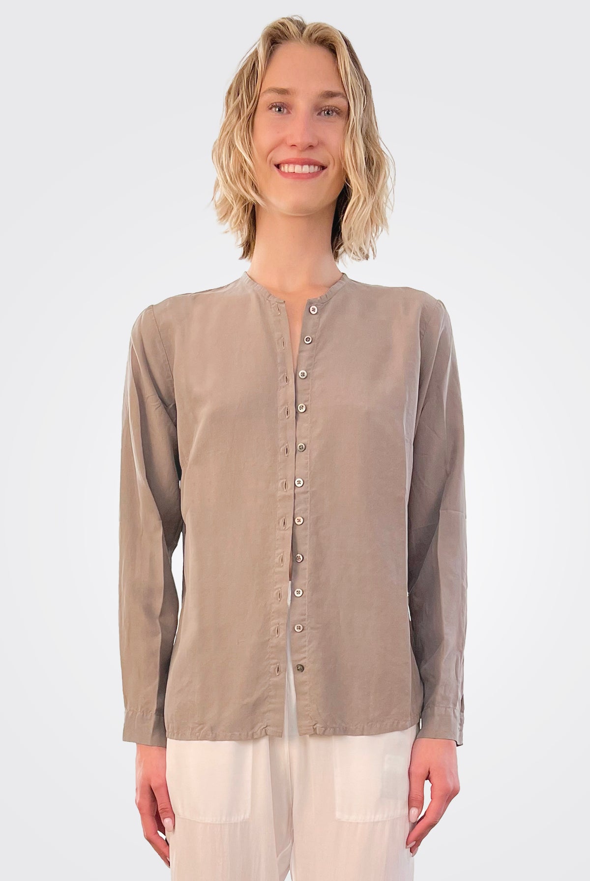 Collarless Button Down Silk Shirt - Brownish by Private 0204 | 25 South Boutiques