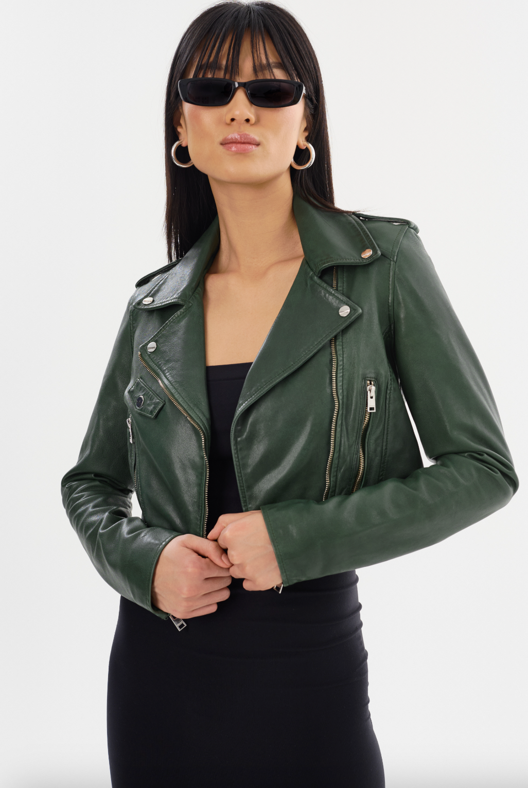 Ciara Leather Crop Moto Jacket - Alpine Green by LAMARQUE — alternate view