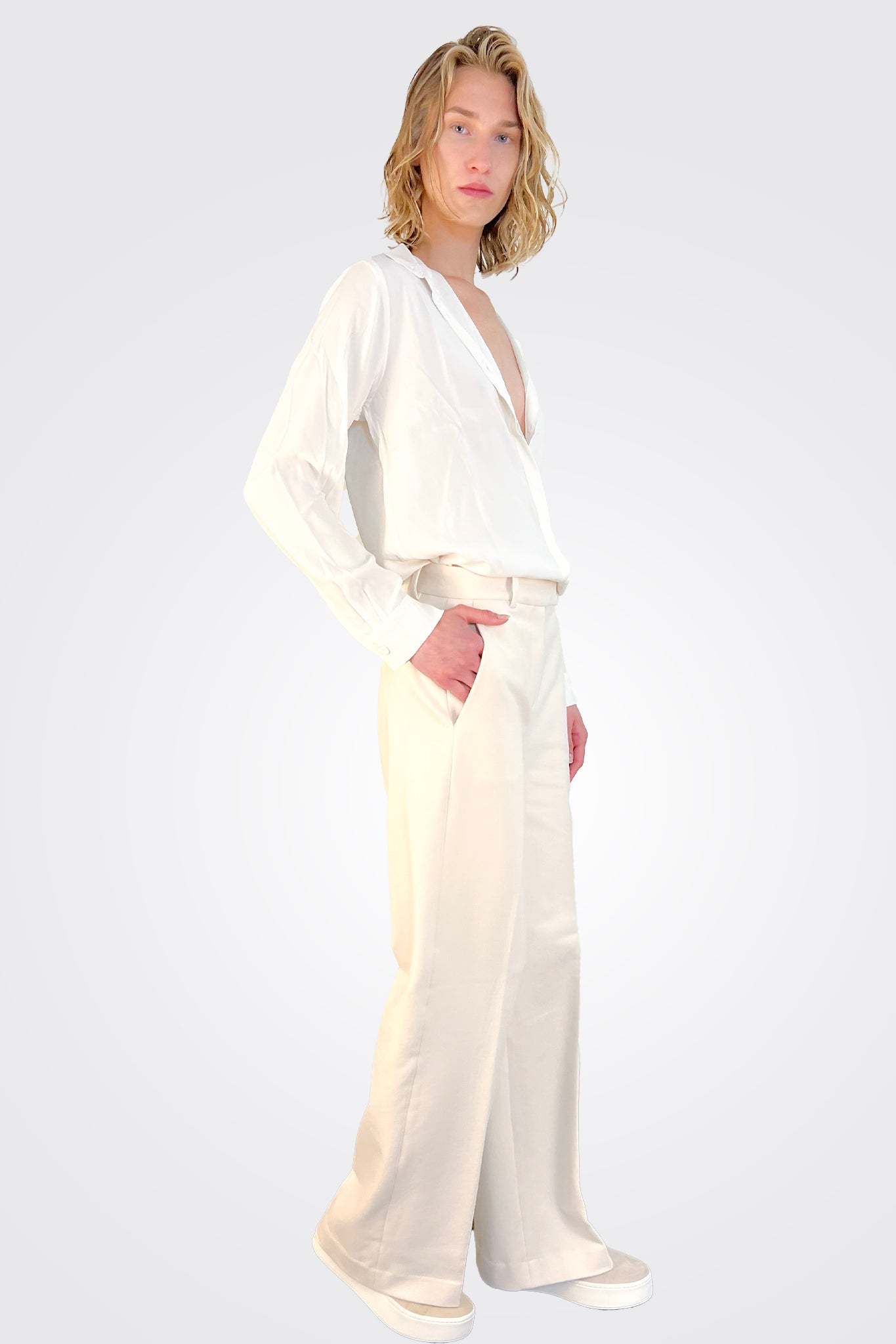 Cashmere Touch High Waisted Trousers - Off White by Circolo — view 3
