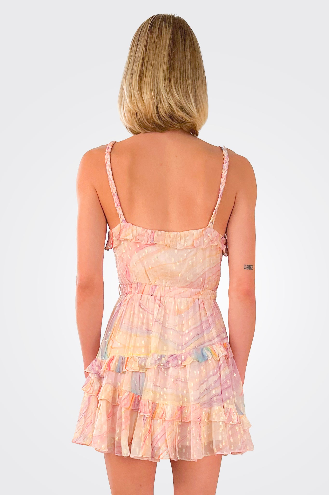 Eira Belted Mini Dress - Peach / Lilac by Rococo Sand — view 3