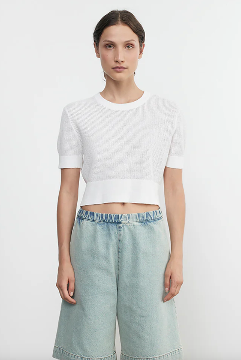 Linen Open Knit Cropped Short Sleeve - White by Enza Costa | 25 South Boutiques