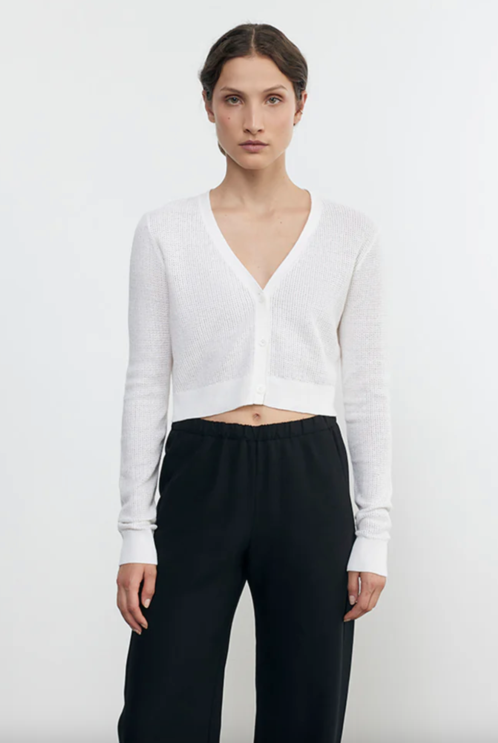 Linen Open Knit Cropped V Neck Cardigan - White by Enza Costa | 25 South Boutiques