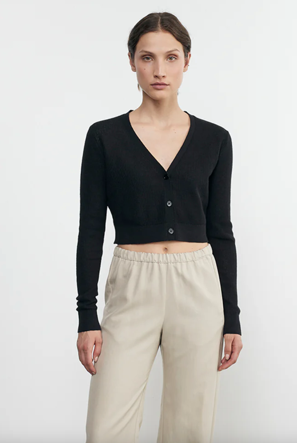 Linen Open Knit Cropped V Neck Cardigan - Black by Enza Costa | 25 South Boutiques
