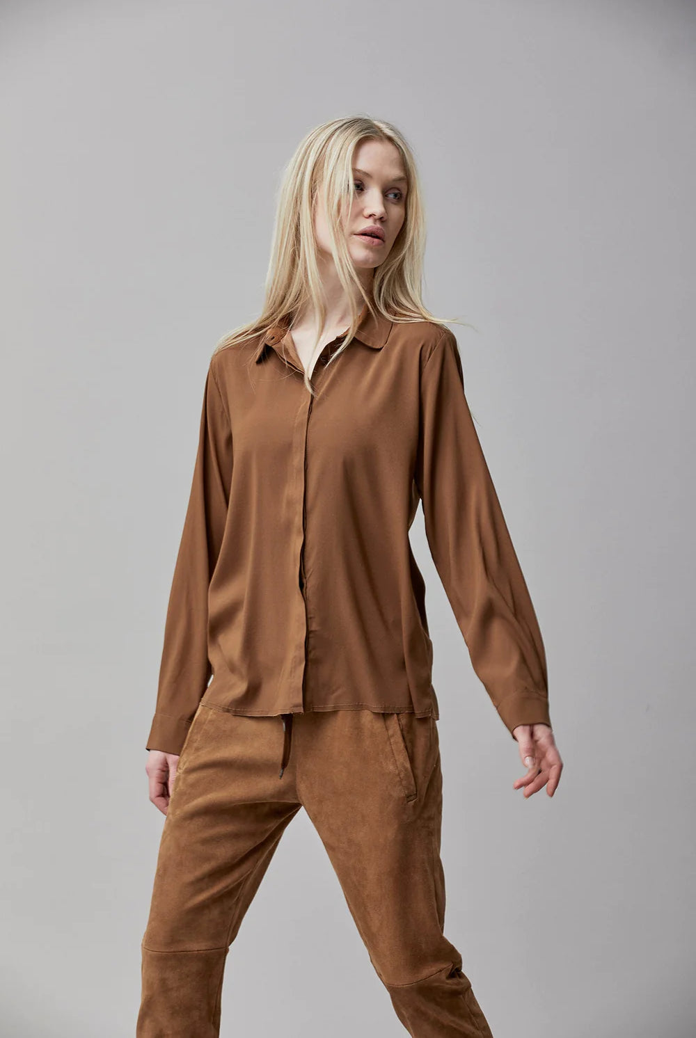 Silk Satin Shirt - Camel by Kristensen — view 6