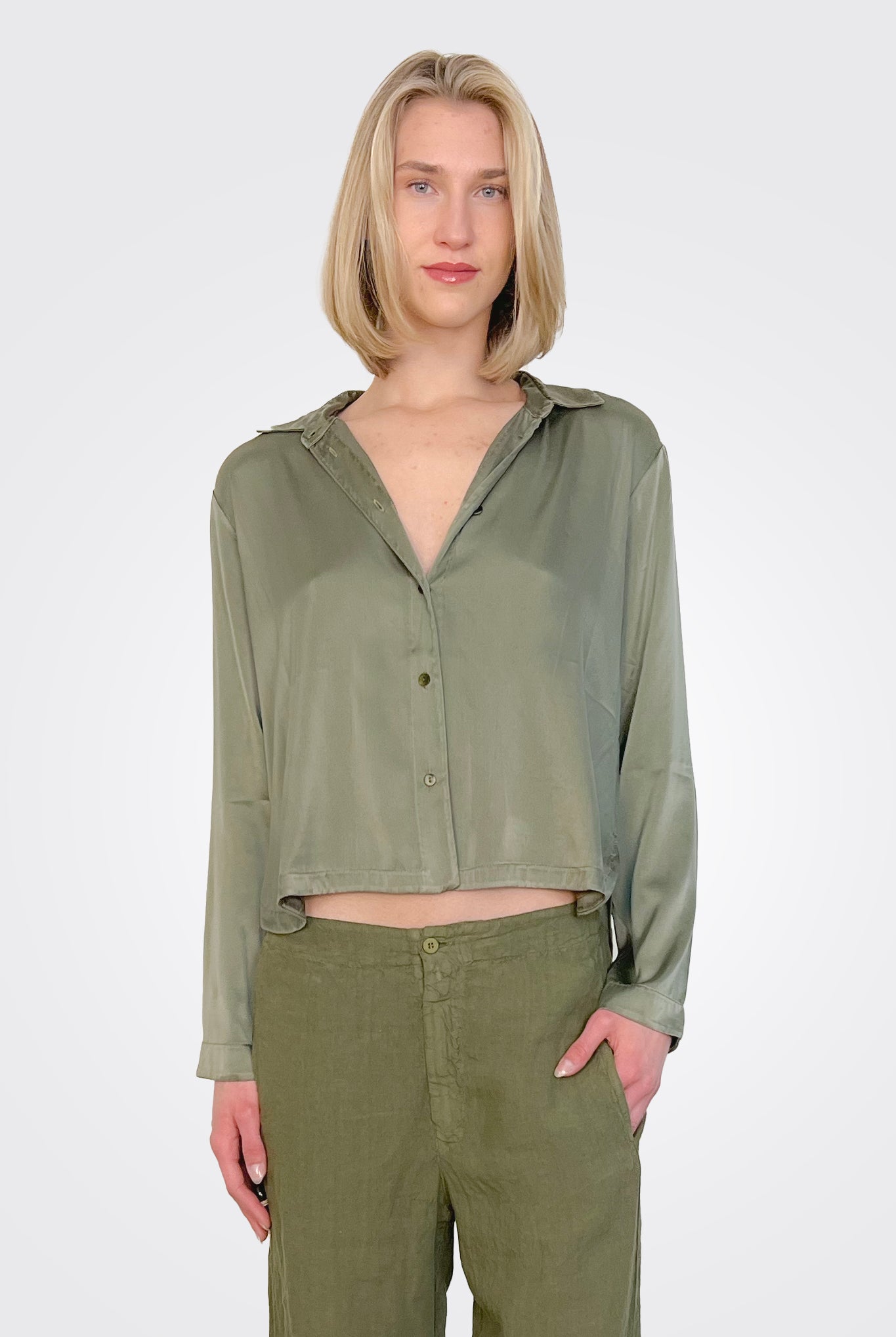 Long Sleeve Stretch Silk Satin Shirt - Green by Transit Par-Such | 25 South Boutiques