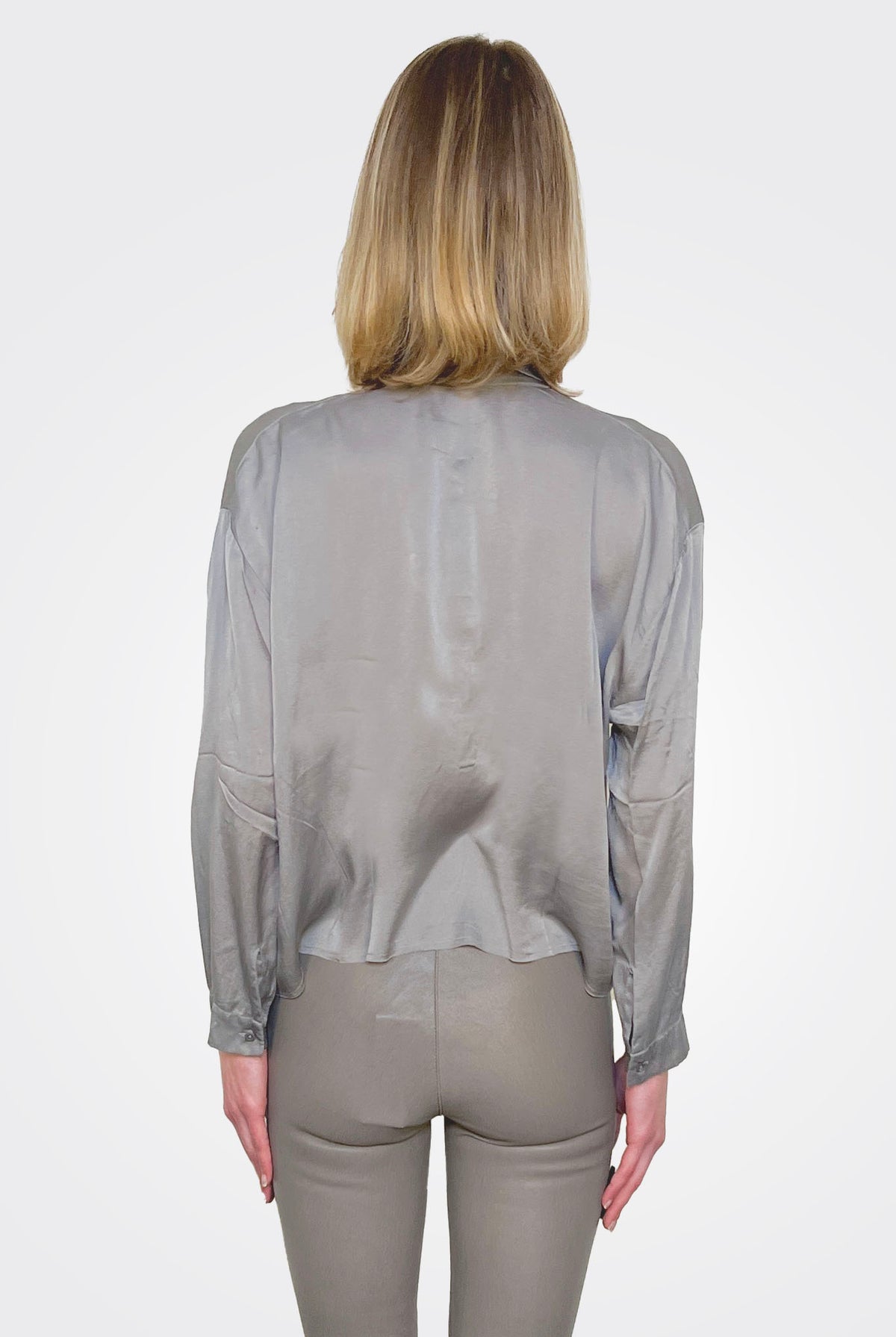 Cropped 3/4 Button Down Silk Blouse - Greige by Private 0204 — alternate view
