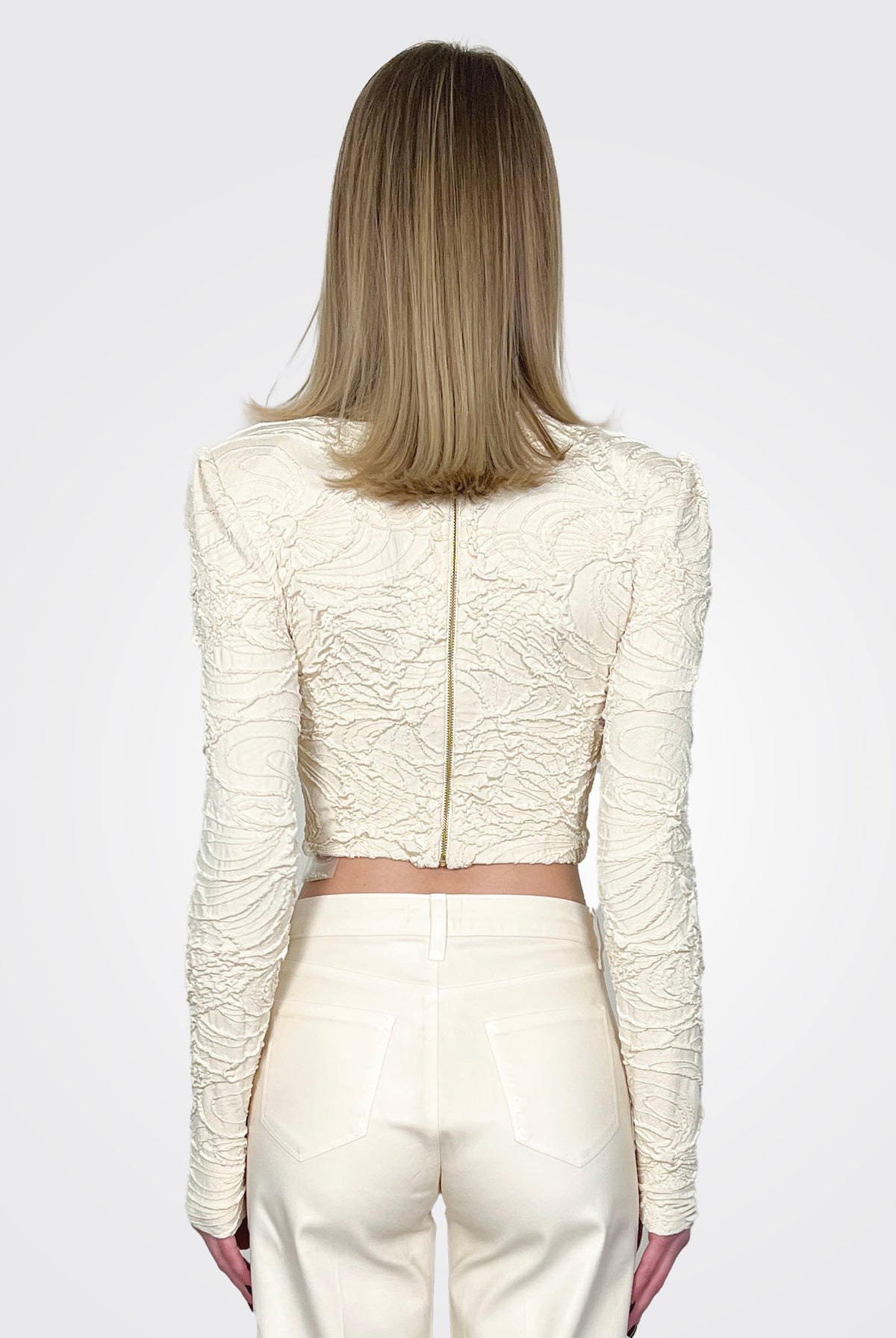 Jacquard Mock Neck Cropped Top - Bone by PatBo — alternate view