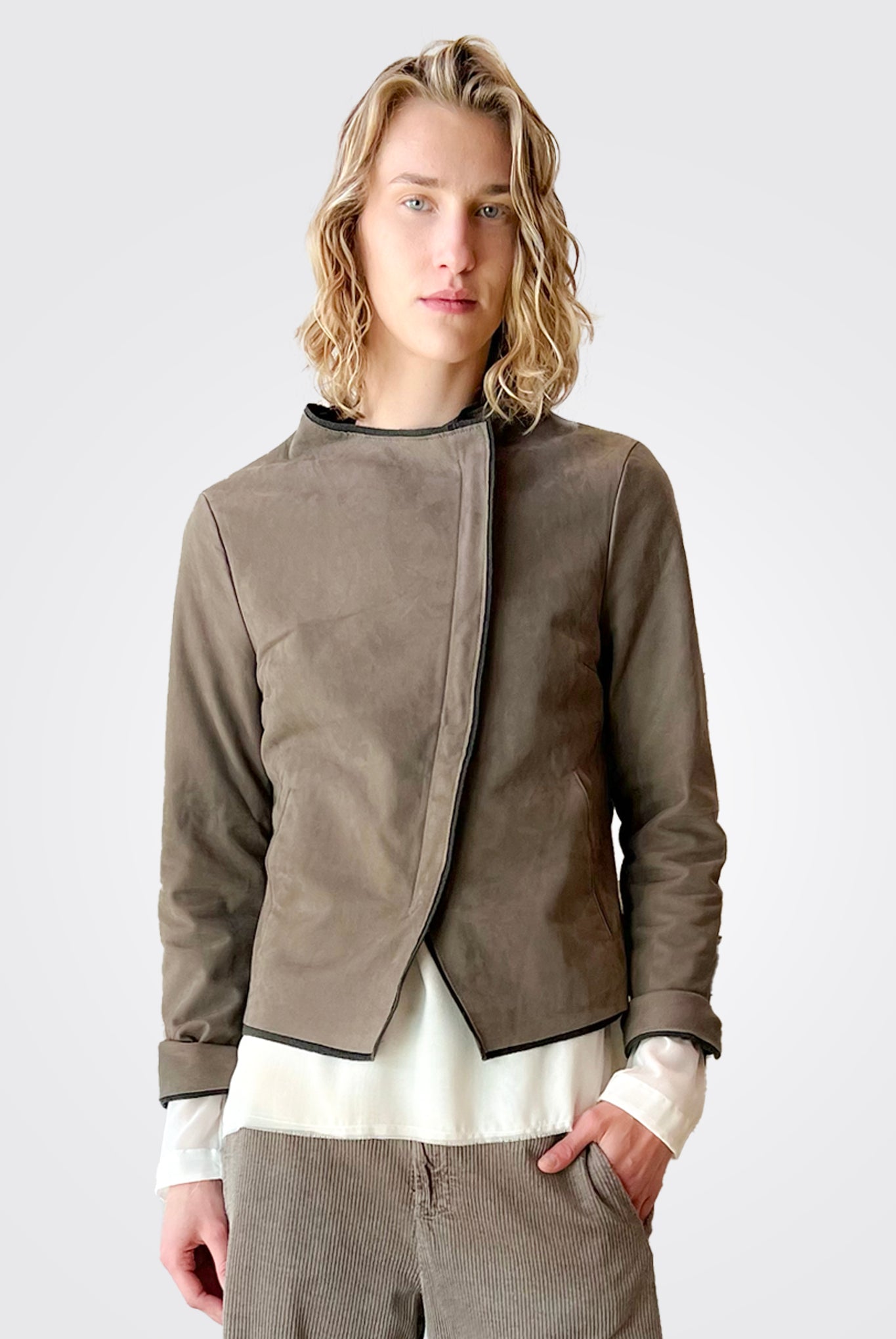 Short Zipped Waxed Leather Lined Jacket - Taupe by Transit Par-Such — alternate view