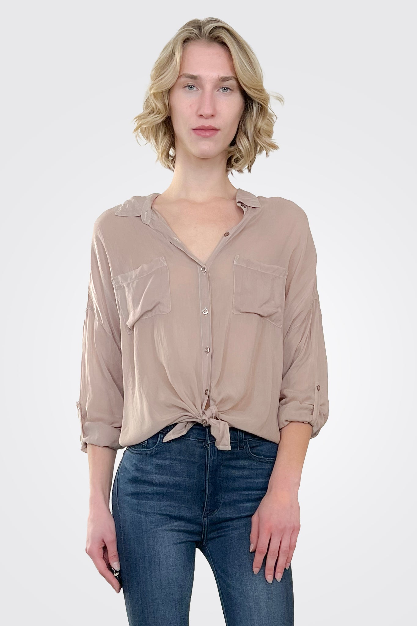 Cargo Pocket Tie Front Top - Khaki by Maven West | 25 South Boutiques