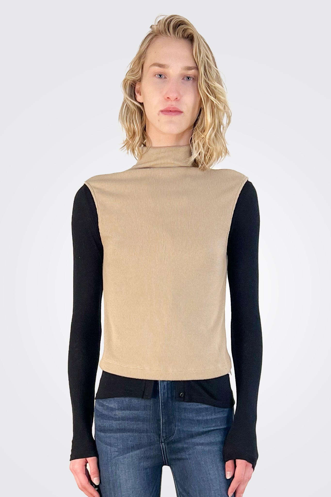 Sleeveless Knit Turtleneck Top - Khaki by Enza Costa — view 4
