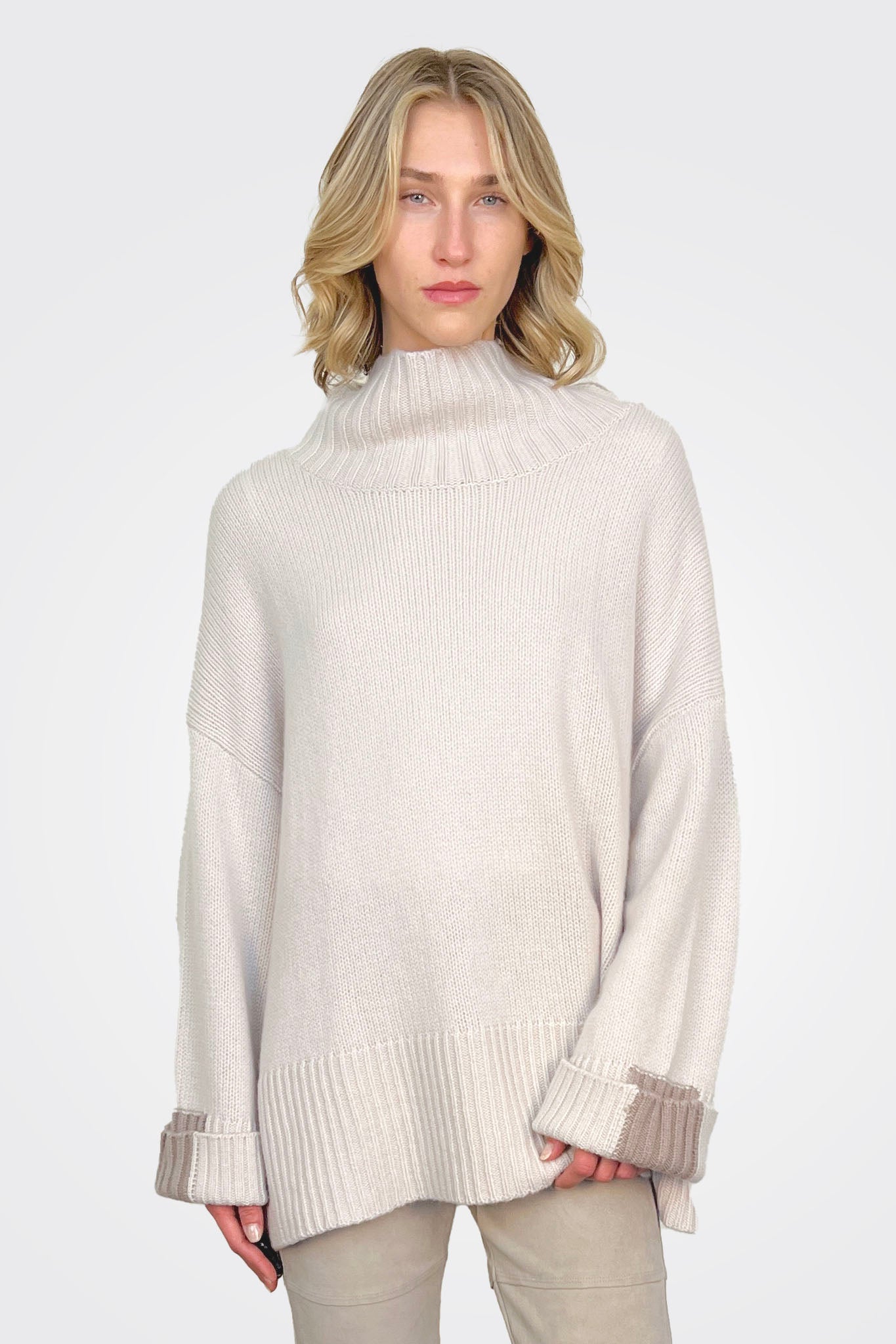 Cashmere Roll Neck Color Block Sweater - Chalk by Kristensen — alternate view