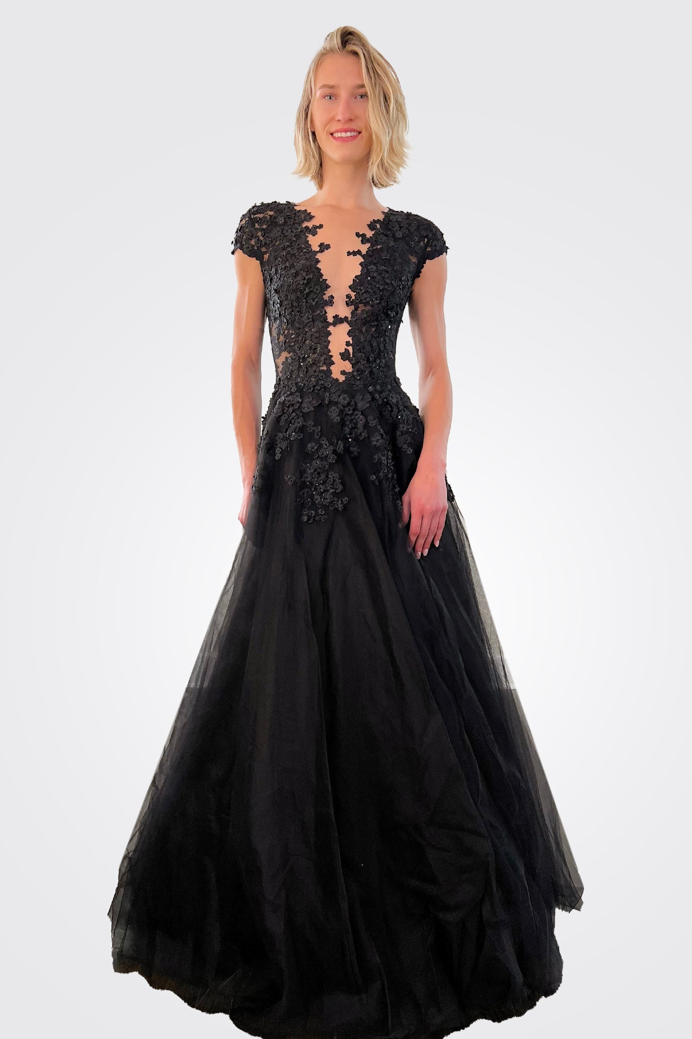 Sleeve Lace Plunging Neckline Gown - Black by Olvi's — view 3