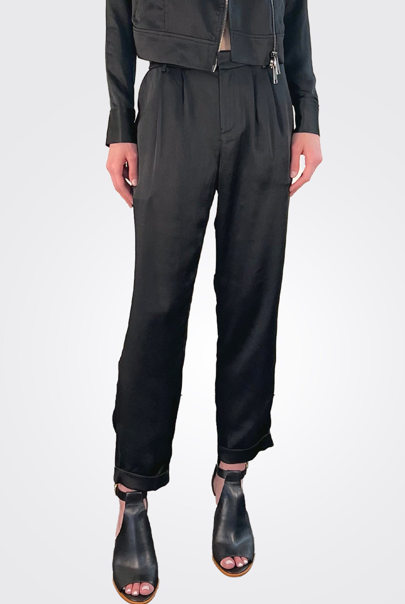 Madelyn Cuffed Crop Satin Pants - Black by Ramy Brook — view 4