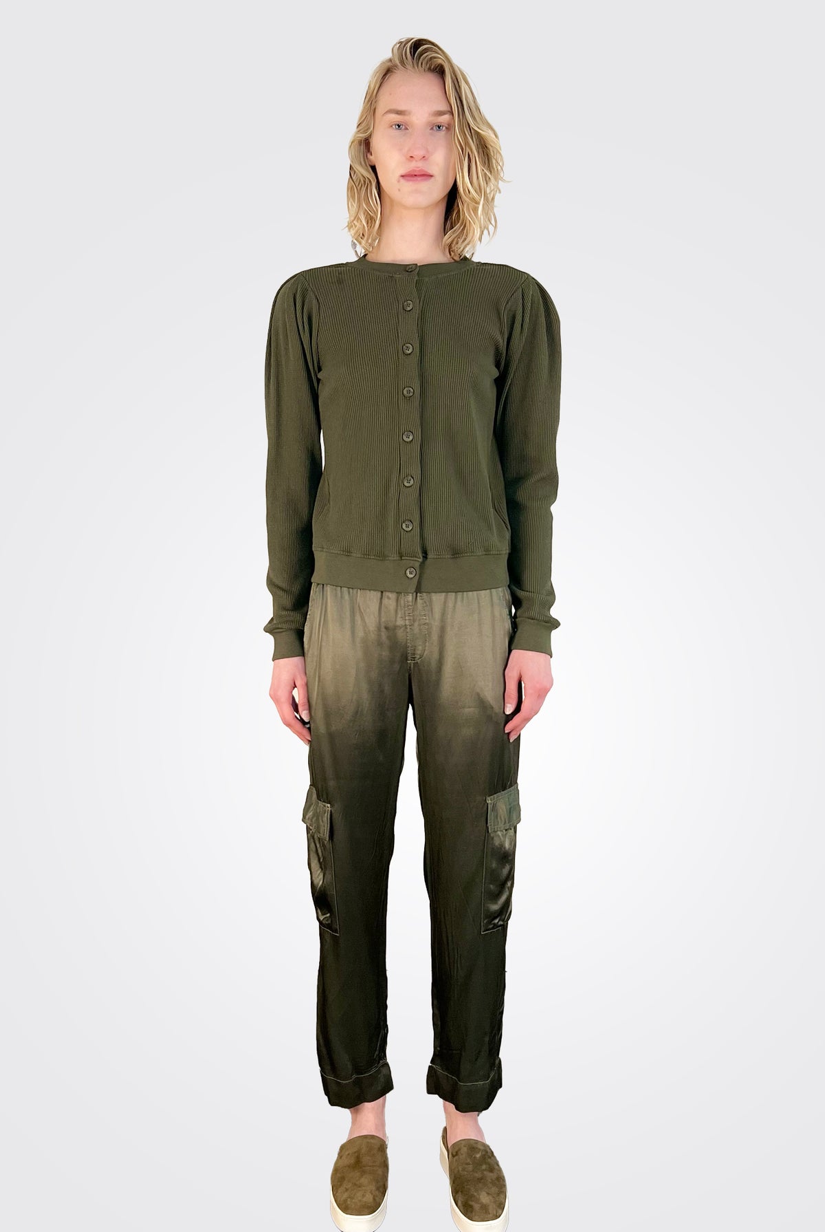 Florence Statement Sleeve Cardigan - Military by LA Made — view 3
