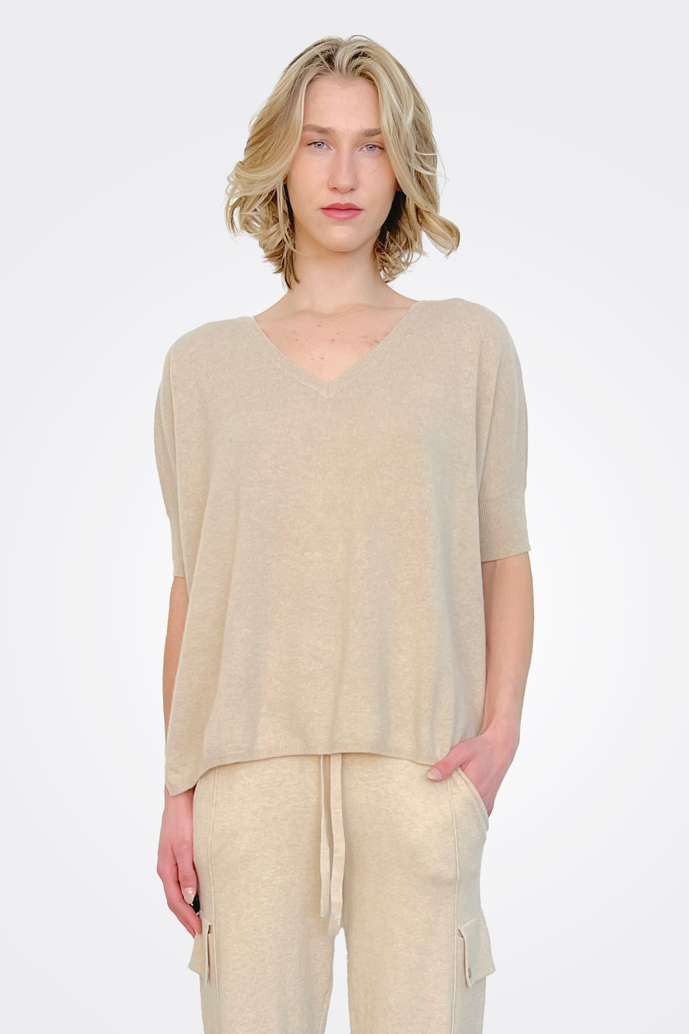 Supima Cotton Cashmere V Neck Sweater - Brown Sugar by Minnie Rose — view 3
