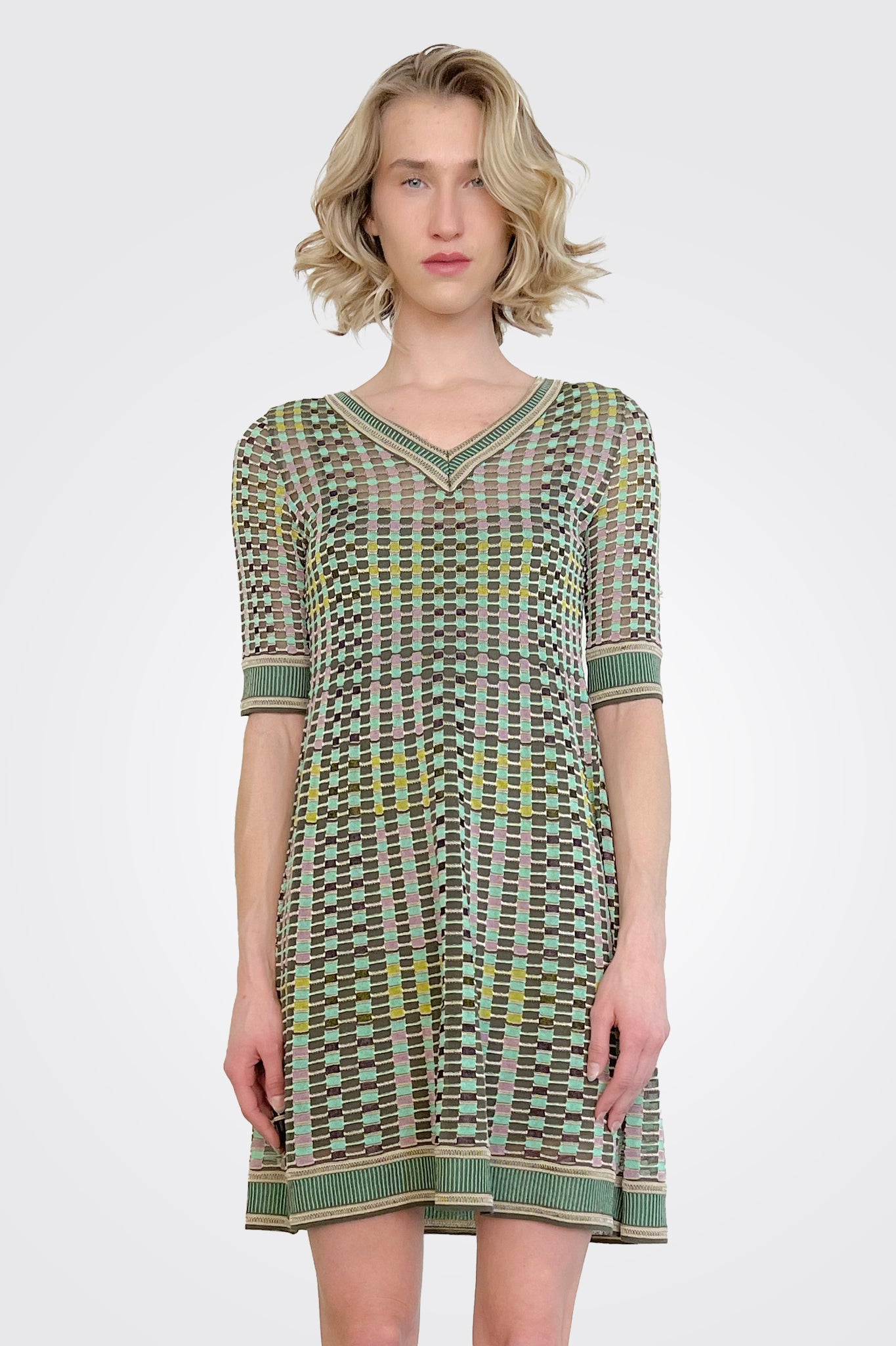 Short Sleeve V Neck Mini Dress - Green Multi by Missoni — alternate view