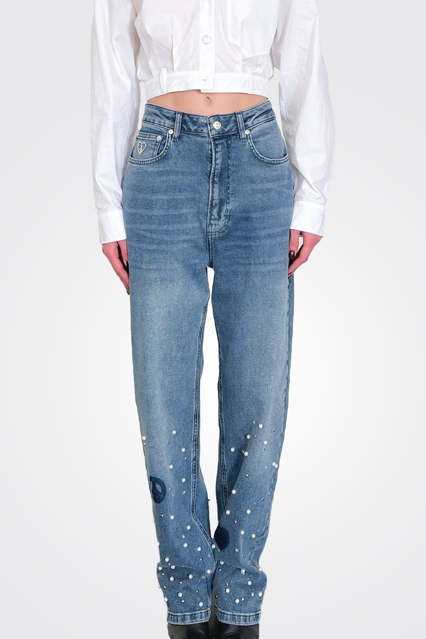 Patched Embellished Jeans - Blue by Moschino — alternate view