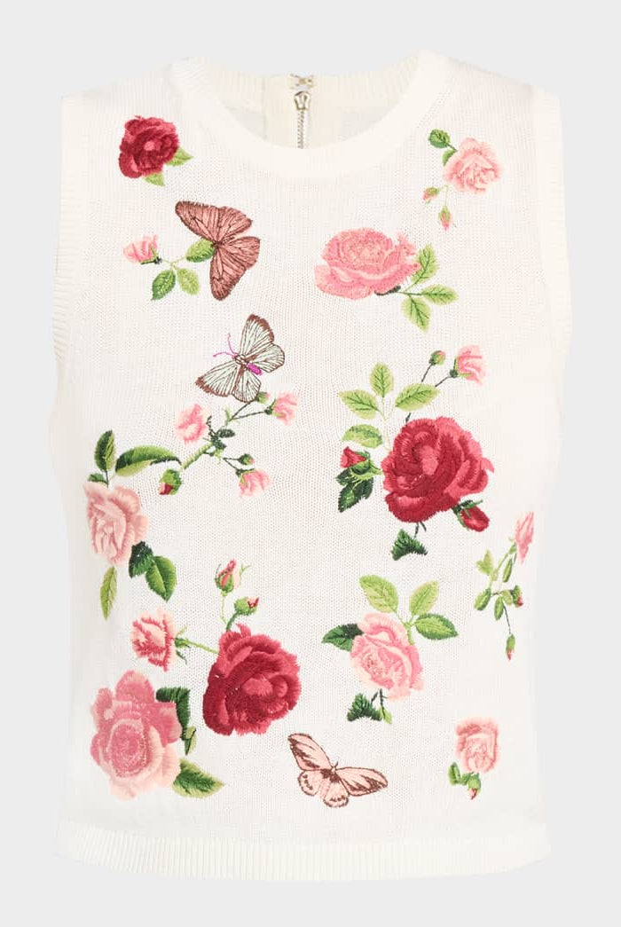 Reva Embroidered Rib-Knit Tank Top - Garden Gossip Off White by Alice & Olivia — view 5