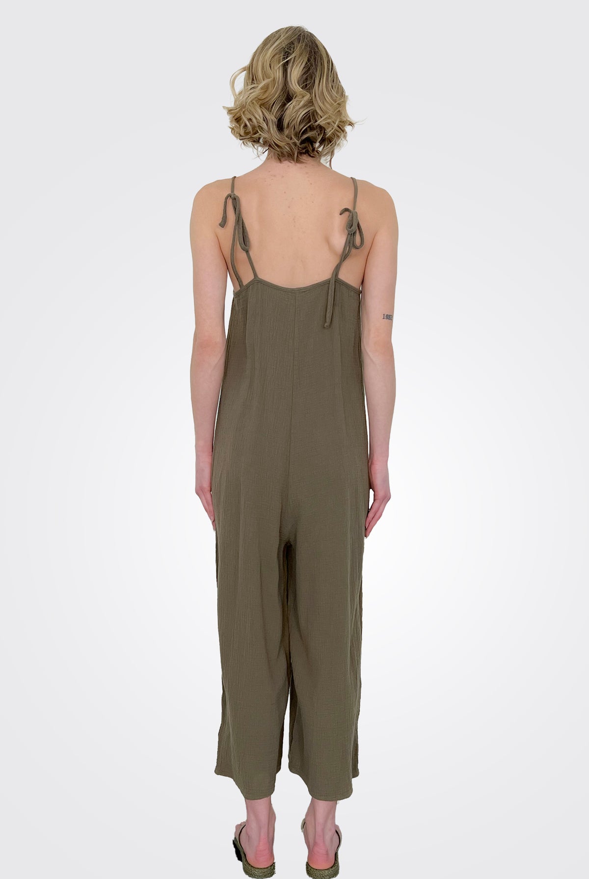 Tie Shoulder Jumpsuit - Olive Tree by Bobi — alternate view